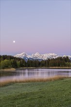 Hegratsrieder See near Füssen, Allgäu Alps, snow, moon, dawn, Allgäu, Bavaria, Germany, Europe