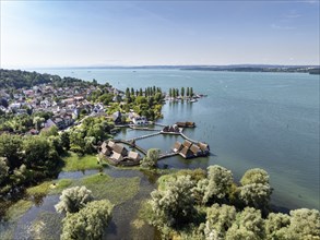 Aerial view of the pile dwellings, Lake Dwelling Museum, Open Air Museum Unteruhldingen,