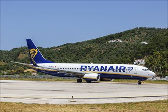 A Ryanair Boeing 737-800 aircraft with registration 9H-QEJ at Skiathos Airport, Greece, Europe