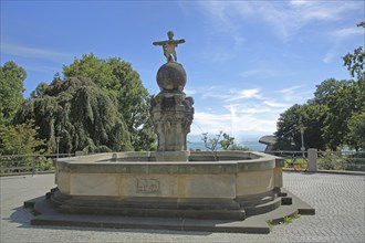 Zeppelin fountain, jack carrying miniature airship, carrying, sculpture, city garden,