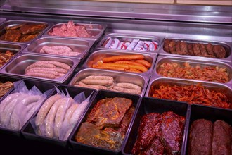 Variation of fine meat products in the butcher's shop