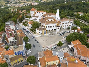 View from above of an idyllic town with many white and colourful roofs, surrounded by trees and