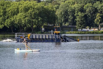 Mowing boat Nimmersatt, of the Ruhrverband, tries to keep the green plant carpet on the Lake