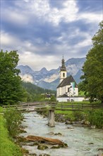 Parish church of St Sebastian, bridge, Ramsauer Ache, Ramsau, Berchtesgadener Land, Upper Bavaria,