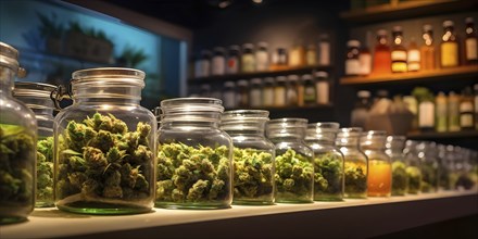 Cannabis dispensary interior with varieties of cannabis plants densely packed, AI generated