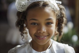 Portrait of a beautiful mulatto girl wearing a white dress for easter sunday, generative AI, AI