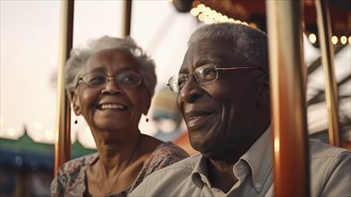 Happy senior african american couple enjoying an afternoon at the carnival, generatvie AI, AI