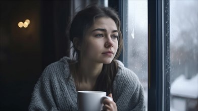 Contemplative young girl sitting next to the window as snow and rain falls outside, generatvie AI,