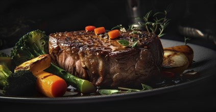 Fresh succulent top sirloin steak with sauteed vegetables dish, generative AI.- generative AI, AI