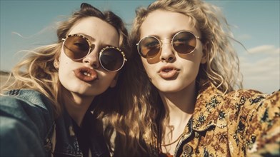 Two young girlfriends posing wearing sunglasses having fun on the beach, generatvie AI, AI