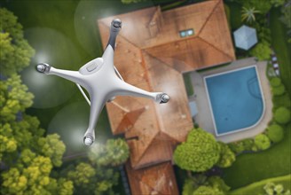 Quadcopter UAV drone flying A residential roof inspection. generative AI background, AI generated