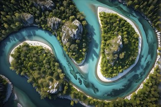 Aerial view of a meandering river winding through a nordic landscape, AI generated