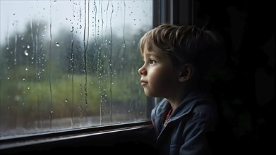 Young boy lost in the realm looking out of a weathered window as symbol for loneliness, AI