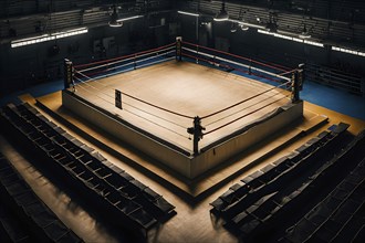 Empty boxing ring with ropes tightly stretched across the square corner, AI generated