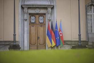 Trilateral meeting at Villa Borsig between Germany, Armenia and Azerbaijan. The flags of Germany,