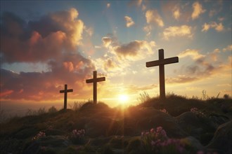 Easter concept three crosses on Golgotha Calvary hill against a dramatic sunset, AI generated