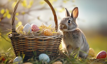 Cute Easter bunny sits beside a basket filled with colorful, decorated eggs amidst a vibrant green