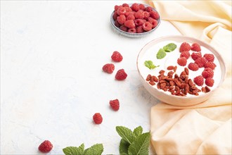 Yogurt with raspberry and goji berries in ceramic bowl on white concrete background and orange