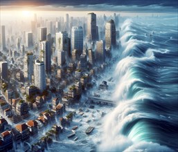 A monster wave, a tsunami, floods and destroys the houses of a city, climate change, climate