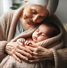 A grandmother tenderly embraces her grandchild, a baby, symbolic image family, grandparents, love,