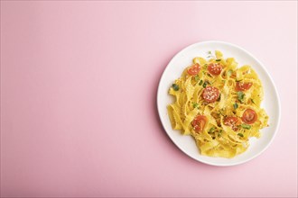 Reginelle semolina pasta with tomato, eggs, sesame and microgreen sprouts on a pastel pink