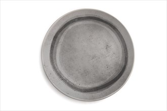 Empty gray ceramic plate isolated on white background. Top view, flat lay, close up