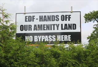 No Bypass protest poster against EDF plans for amenity land, Stratford St Andrew, Suffolk, England,