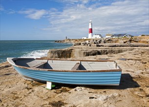 Red and white lighthouse on the coast at Portland Bill, Isle of Portland, Dorset, England, United