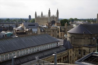 General cityscape view over city centre rooftops looking towards King's College chapel, Cambridge,