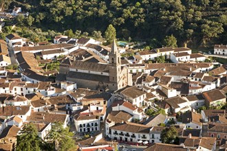 Overhead oblique angle view of village of Alajar, Sierra de Aracena, Huelva province, Spain, Europe