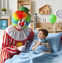 A clown, a hospital clown, in mask, red nose and costume with a sick child in the hospital and