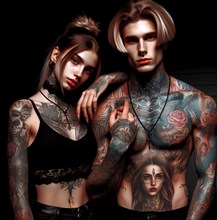 Tattoo, a couple, a heavily tattooed young man and a heavily tattooed young woman with percings, AI