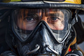 Close up of face of firefighter with helmet. Generative Ai, AI generated