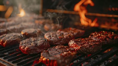 Several hamburgers sizzling on the BBQ. generative AI, AI generated