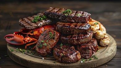 Steak and lobster platter. generative AI, AI generated