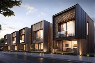 AI generated row of modern modular private townhouses featuring wooden cladding distinct panels