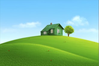 AI generated illustration of house rest on a verdant grassy hill