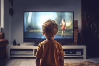 Back view of young boy child watching televsion. KI generiert, generiert, AI generated