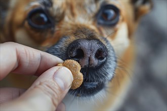 Close up of human giving dog treat to dog. KI generiert, generiert, AI generated