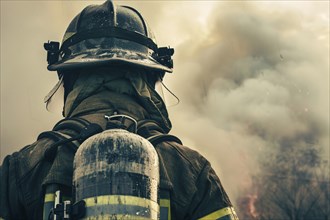 Back view of firefighter with helmet and oxygen flask. KI generiert, generiert, AI generated