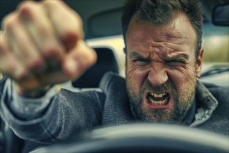 Angry, unnerved, aggressive, screaming man sitting behind the steering wheel and gesticulating