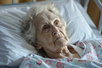 Very old woman lying in bed in hospital or retirement home. KI generiert, generiert, AI generated