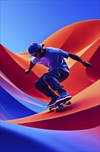 Skateboarder in dynamic jump abstracted into fluid shapes that capture elegance and dynamic in