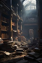 Forgotten library with dust coated books filling shelves, AI generated