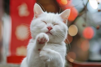 Funny realistic Japanese lucky winking cat. White cat with closed eyes and raised paw.. KI