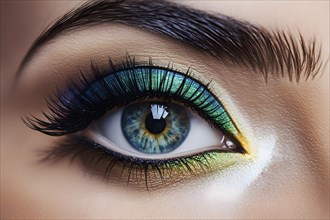 Close up of eye featuring vibrant colored eyelids with intense eye shadow, AI generated