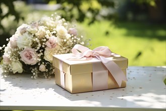 Golden wedding gift box with flowers. AI generated