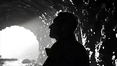 Silhouette of a man at a tunnels entrance with a stark contrast, AI generated