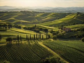 Aerial view of winding vineyard rows snake through rolling hills under atmospheric-summer sun, AI