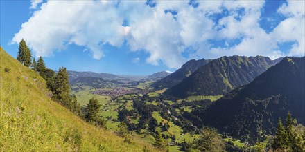 Panorama from Himmelschrofen, 1790m, into the Illertal and Oberstdorf, Allgäu Alps, Allgäu,